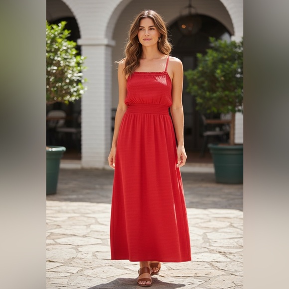 Michael Kors Smocked Square Neck Cami Dress Red Geranium‎ Size PM Stitch Fix NWT - Picture 2 of 15